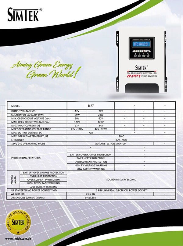 Simtek Mppt Plus Hybrid Solar Charge Controller 120v Voc 70amp Fully Automatic With Dual Lcd & Led Display Auto Detect 12v/24v – 1 Year Warranty - Nadeem Electric Store