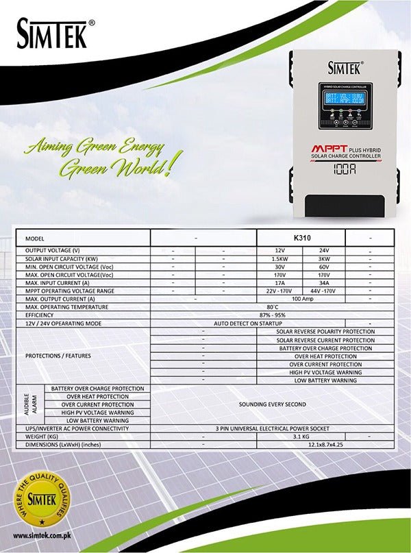 Simtek Mppt Plus Hybrid Solar Charge Controller 170v Voc 100amp Fully Automatic With Dual Lcd & Led Display Auto Detect 12v/24v – 1 Year Warranty - Nadeem Electric Store