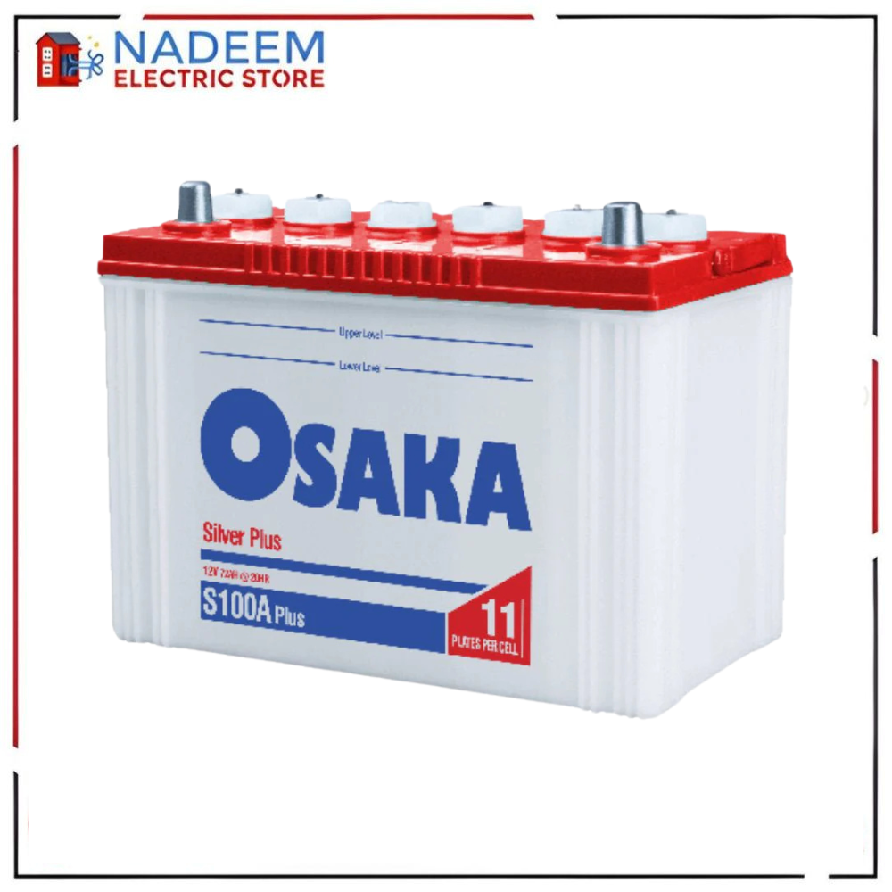 OSAKA S100A PLUS BATTERY 12 VOLTS 72AH 11 PLATES SPECIAL DESIGNED FOR UPS INVERTER SOLAR GENERATOR TRACTOR COASTER BUSES AND MULTI PURPOSE AUTOMOTIVE CAR MOTORS BATTERY