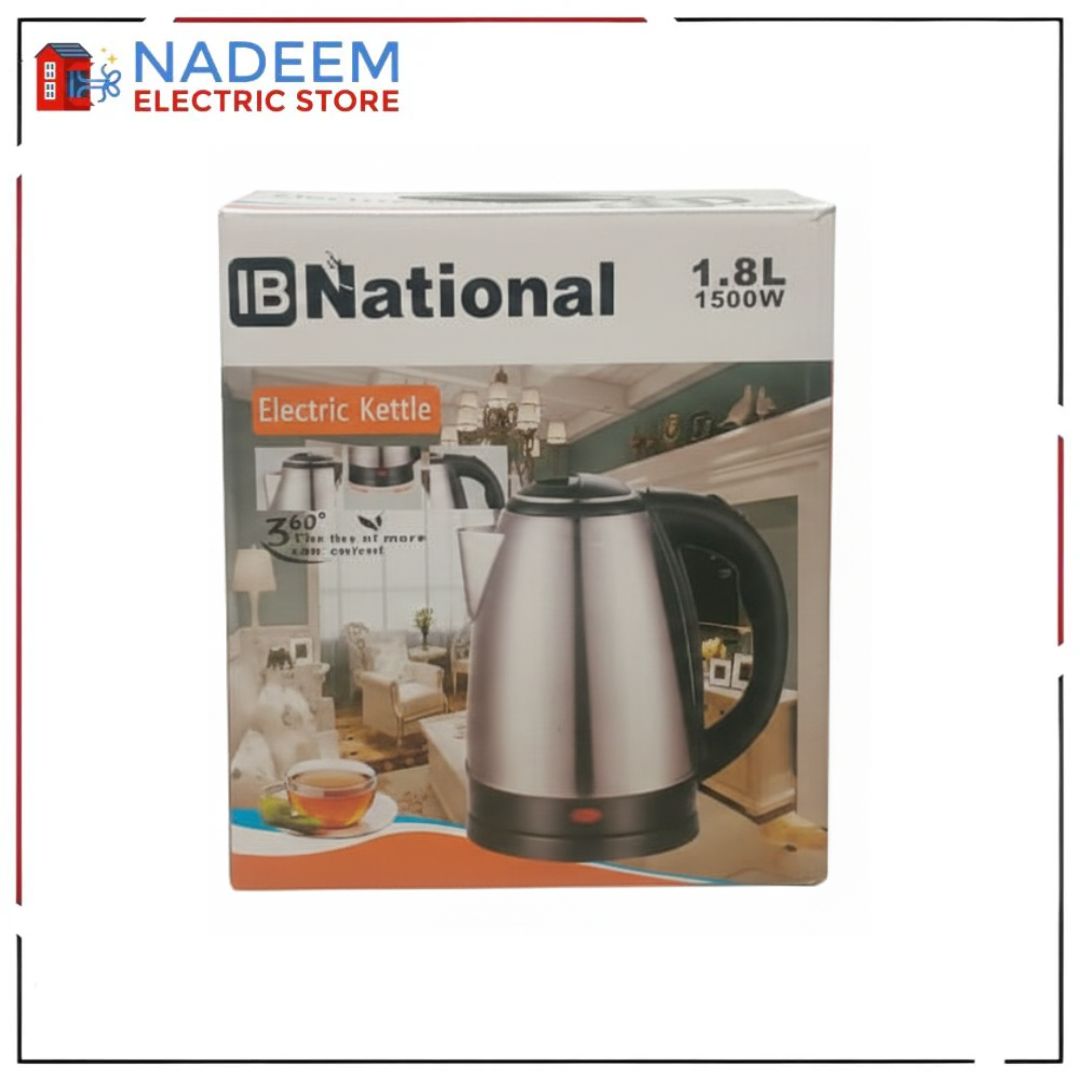IB National 1.8L Stainless Steel Electric Kettle with 360° Rotating Base and 1500W Fast Boiling