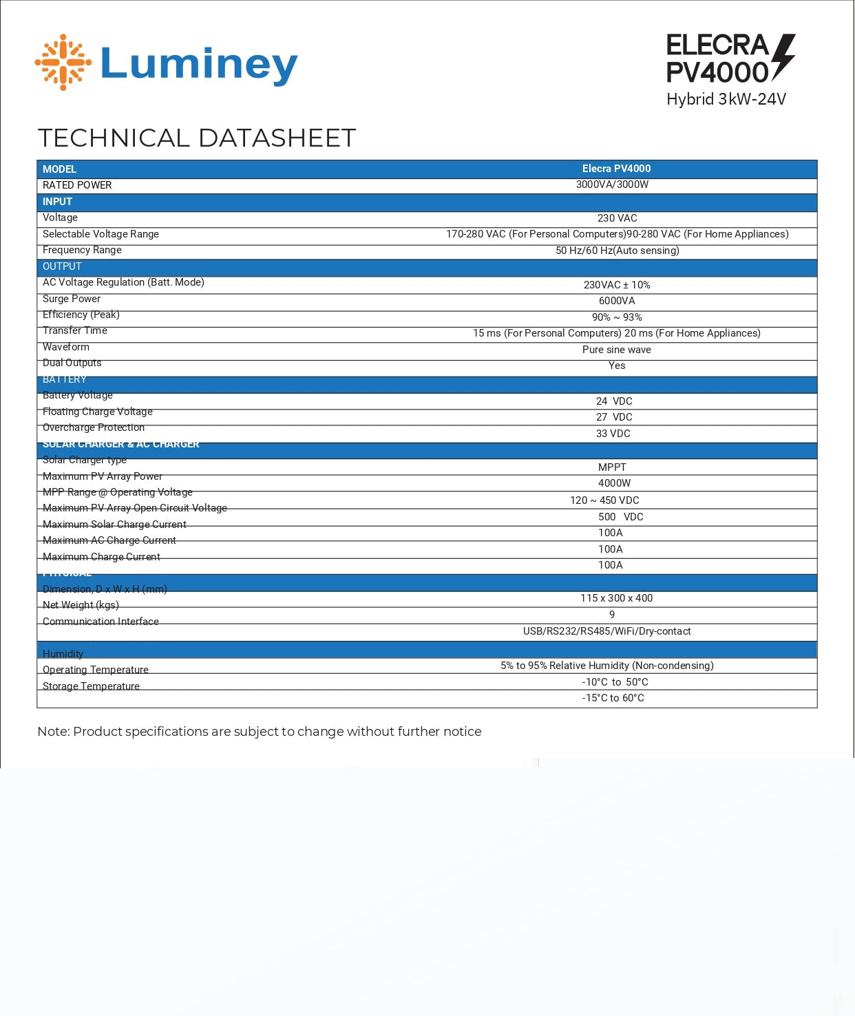 Luminey Elecra  PV 4000 – Hybrid Inverter 3kW-24V Single Phase