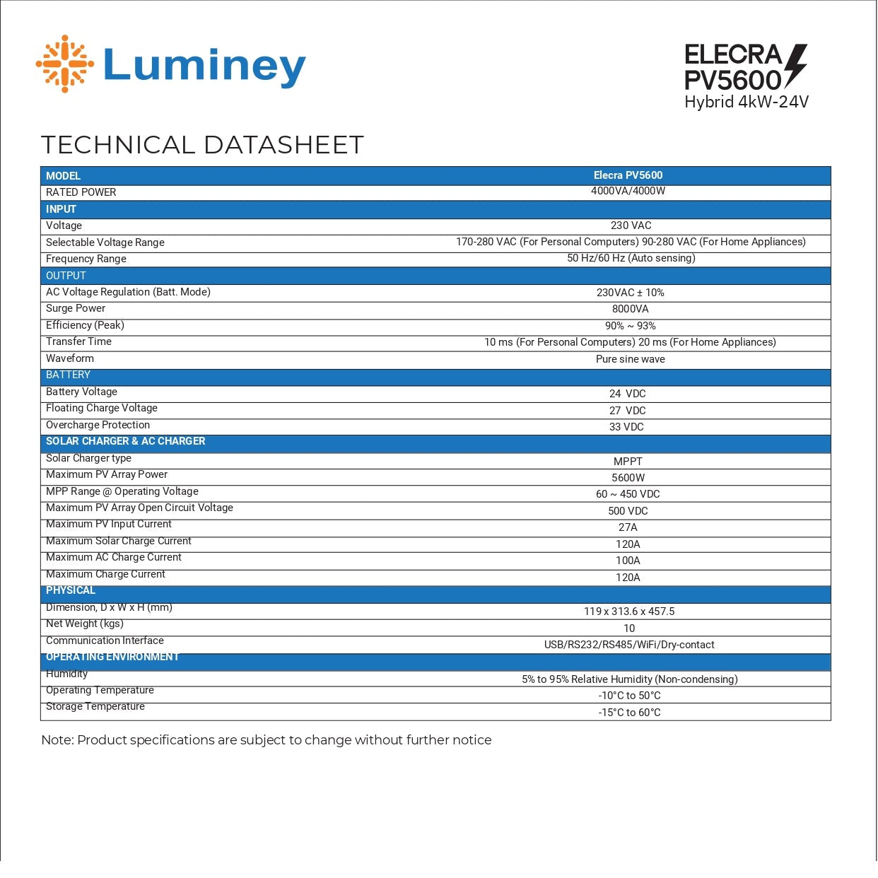 LUMINEY ELECRA PV 5600 4KW-24V SINGLE PHASE HYBRID SOLAR INVERTER