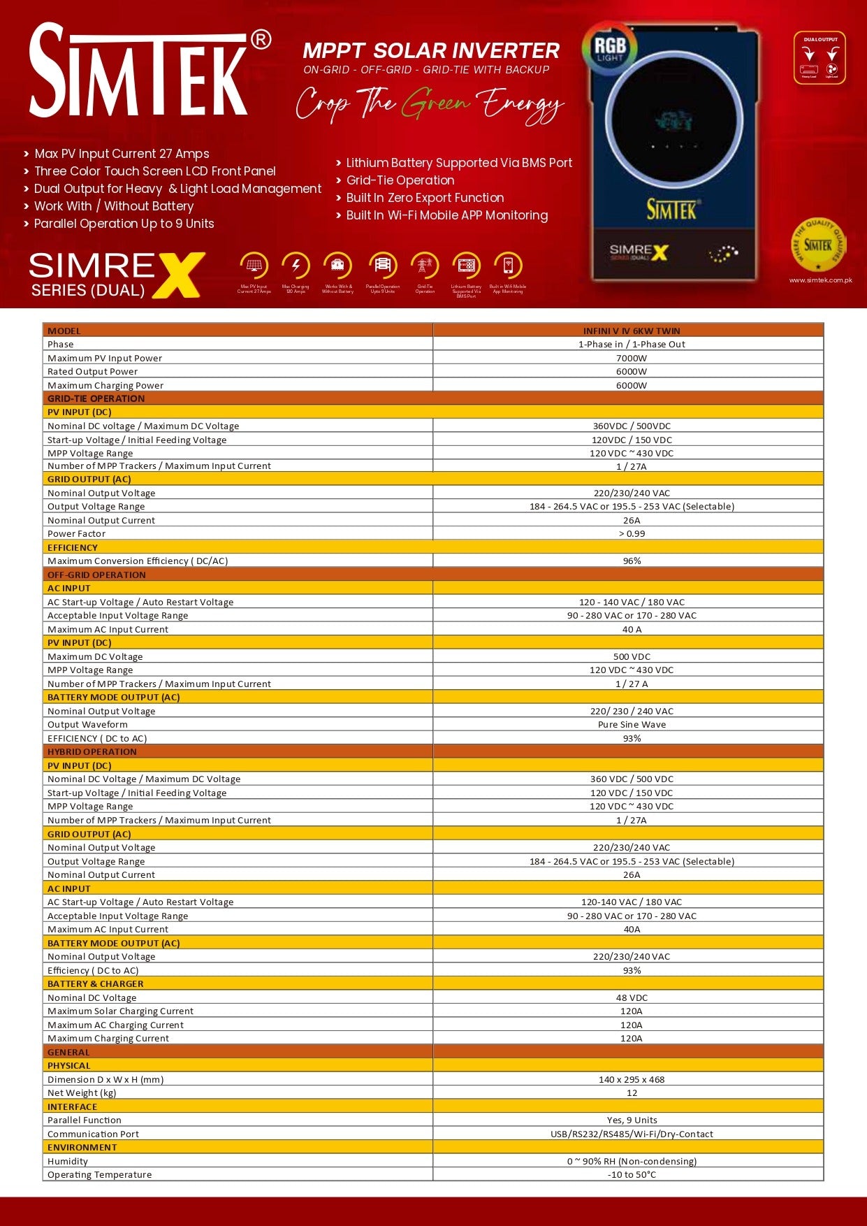 SIMTEK 6KW 48V PV-7000-Hybrid Solar Inverter