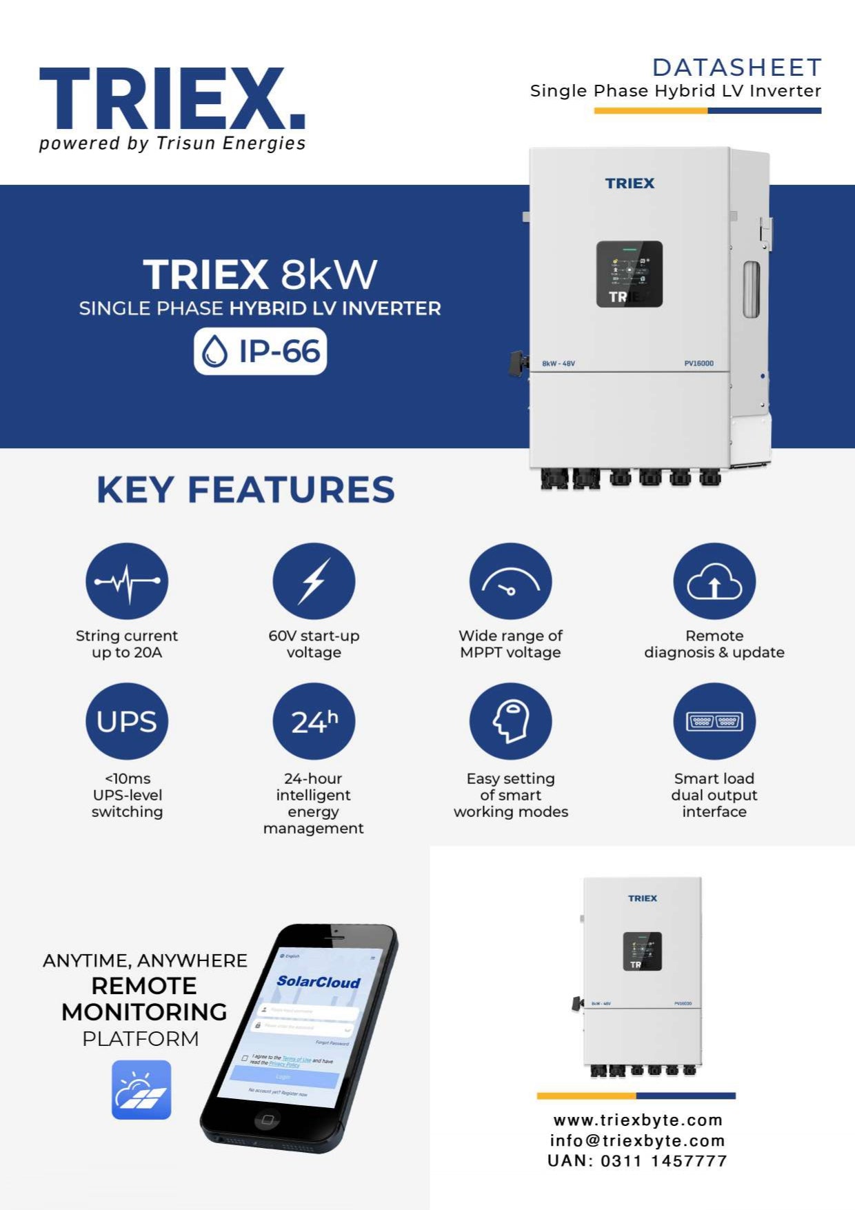 Triex 8kW, PV16000 (IP66)  Single Phase Hybrid LV Inverter