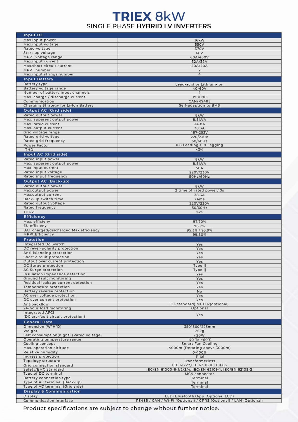Triex 8kW, PV16000 (IP66)  Single Phase Hybrid LV Inverter