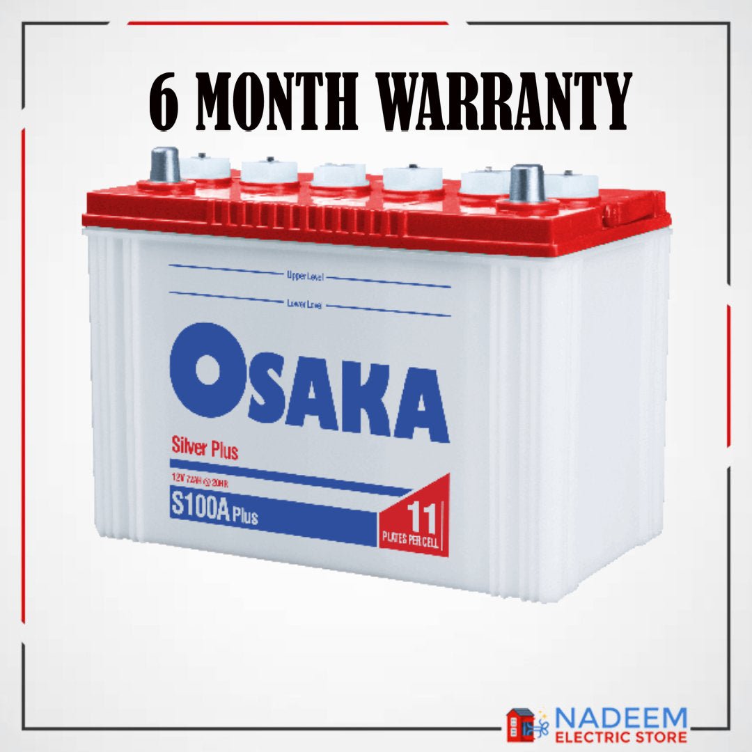 OSAKA S100A PLUS BATTERY 12 VOLTS 72AH 11 PLATES SPECIAL DESIGNED FOR UPS INVERTER SOLAR GENERATOR TRACTOR COASTER BUSES AND MULTI PURPOSE AUTOMOTIVE CAR MOTORS BATTERY - Nadeem Electric Store